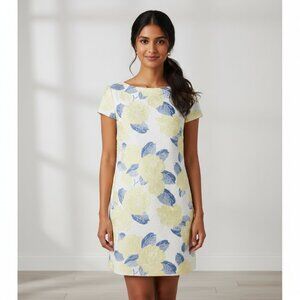 NWT Vince Camuto Floral Jacquard Boat Neck Shift Dress Yellow White 10